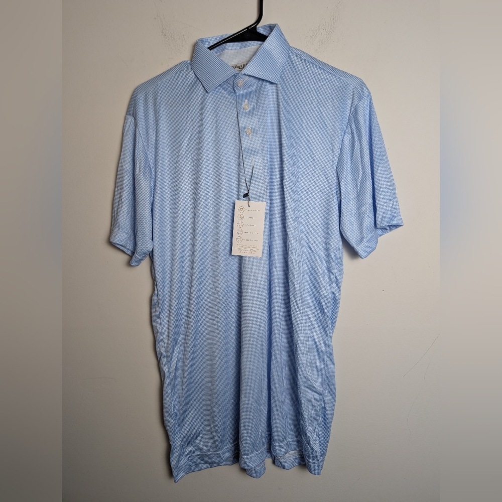 Collars & Co. Dress Collar Polo Shirt White blue Mini houndstooth Sz M